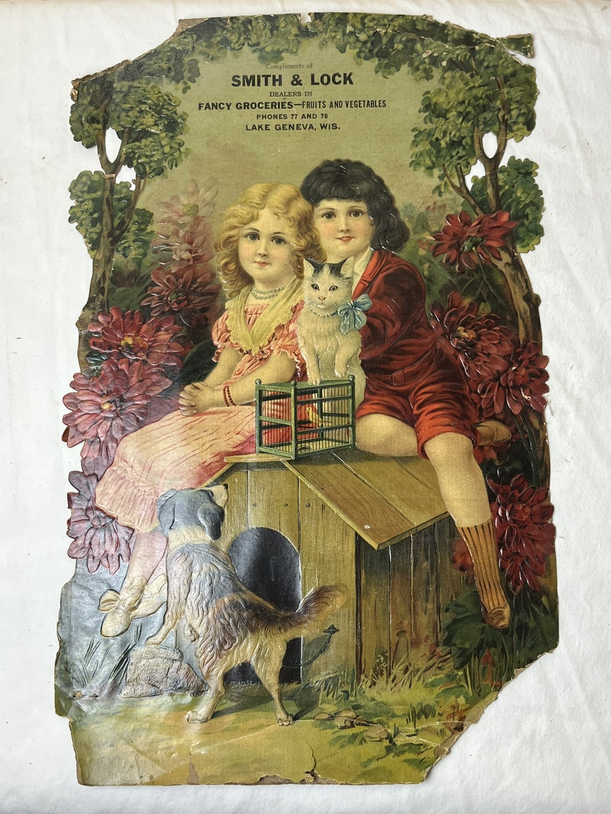 c1900 Smith & Lock Lake Geneva WI Embossed Chromolithograph Die Cut Ad