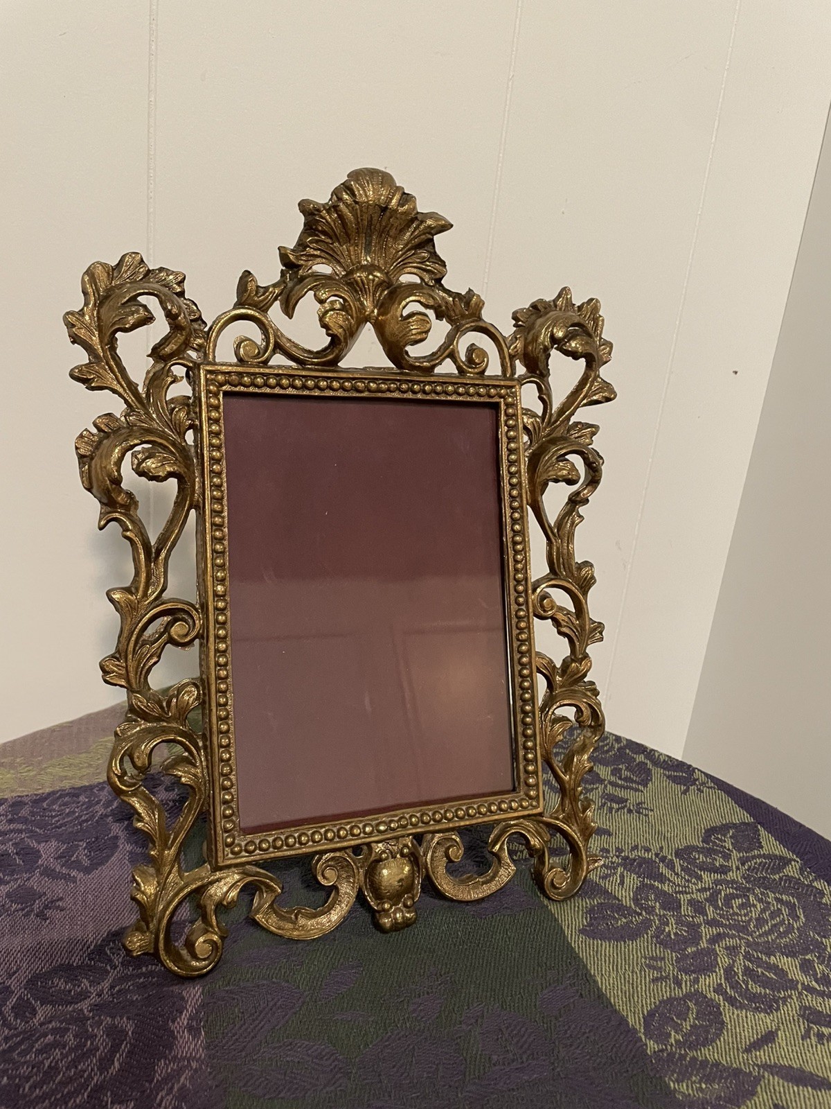 ORNATE Vtg Brass Cast Gilt Metal Tall Picture Frame Rococo Easel Style