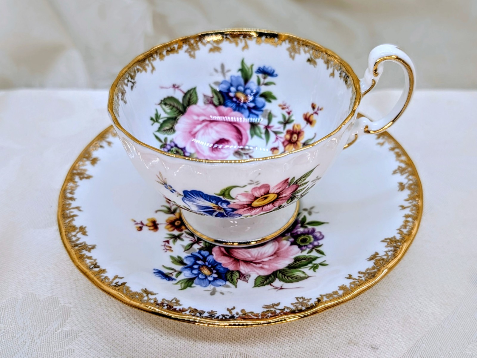 Vintage Aynsley Teacup Saucer Set Pink Cabbage Rose Mixed Floral Pedestal Gold