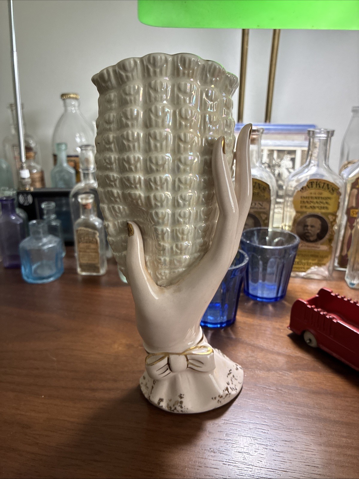 Antique Ladies Hand With Gold Fingernails Holding An Iridescent Pinch Purse 1890