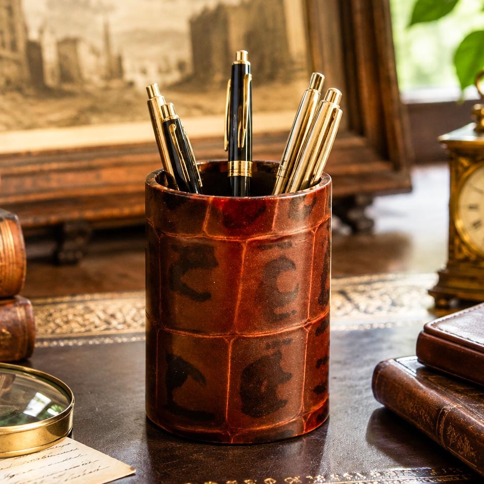 Vintage Bloomingdale’s Italian Leather Pen Cup Desk Organizer