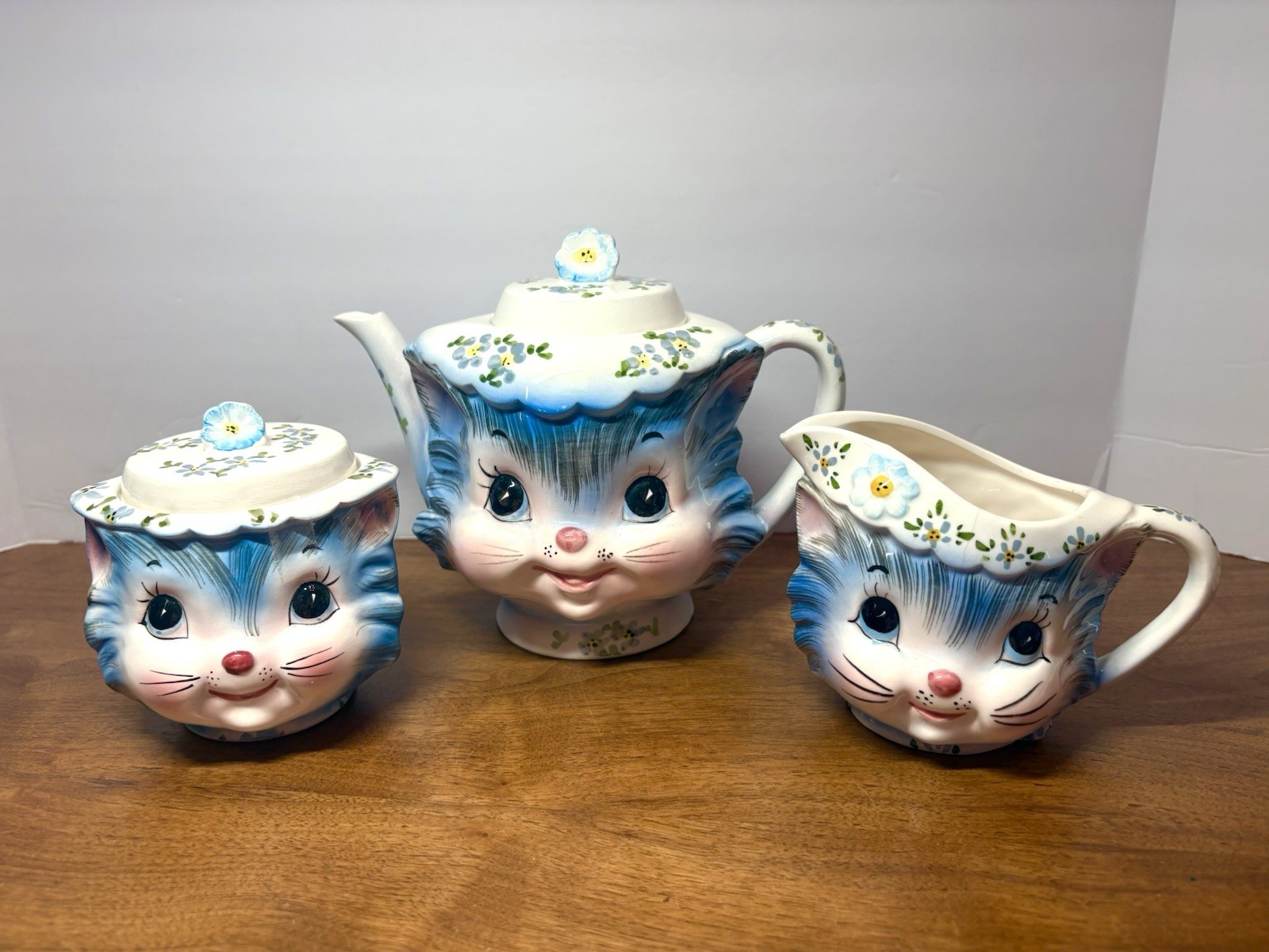 Vintage Lefton Miss Priss Cat Set Teapot Sugar Bowl Creamer Anthropomorphic