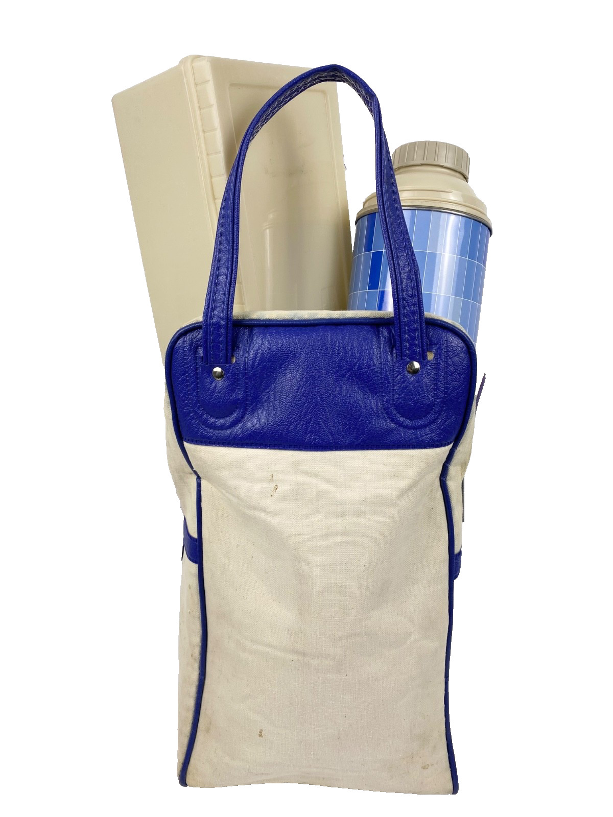 Vintage 70s Thermos King Seeley Picnic Set Metal Thermos Lunch Box Bag Blue
