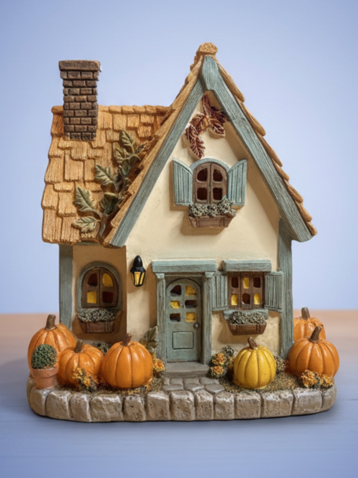Hobby Lobby Cozy Fall Light Up Cottage Village House Pumpkins Blue Trim
