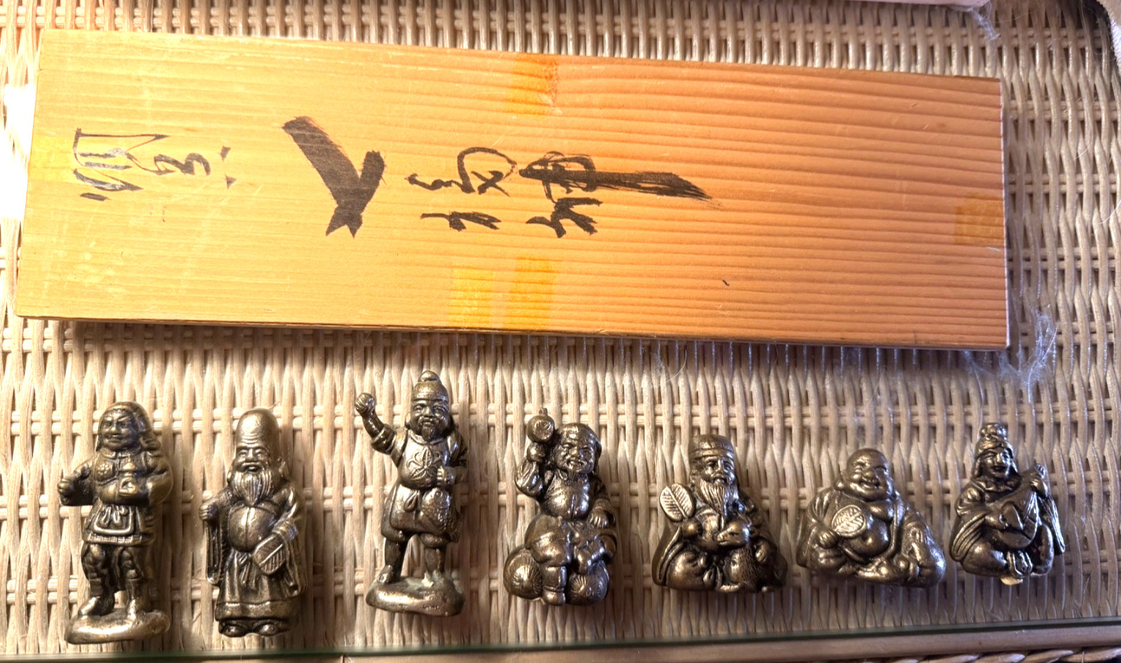 Vintage Japanese Seven Lucky Gods Shichifukujin Cast Metal Set 7 w/ Wood Box