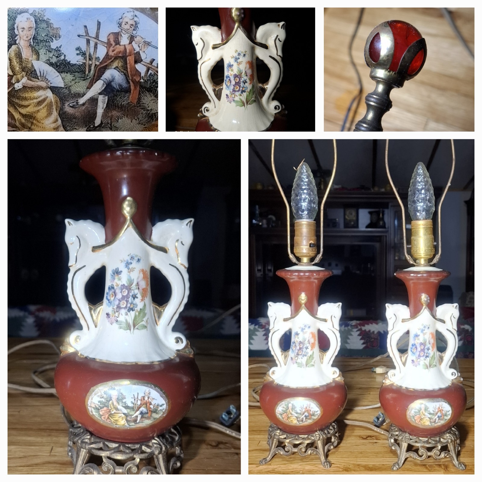Vintage Pair Porcelain Victorian Horse Lamps Paul Chilo Red Glass Ball Final