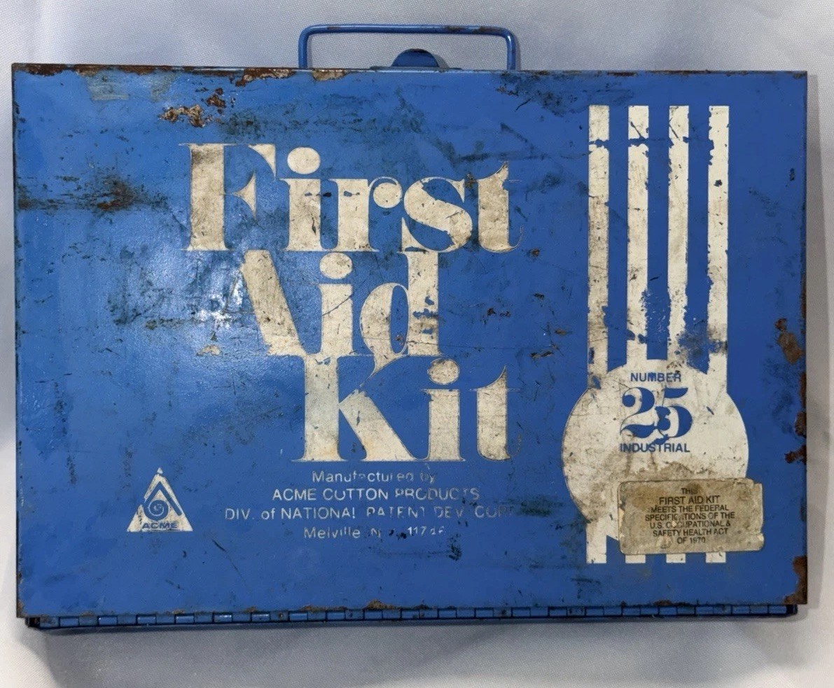 Vintage Metal First Aid Kit- All Unused Original Contents 1970 ACME Products