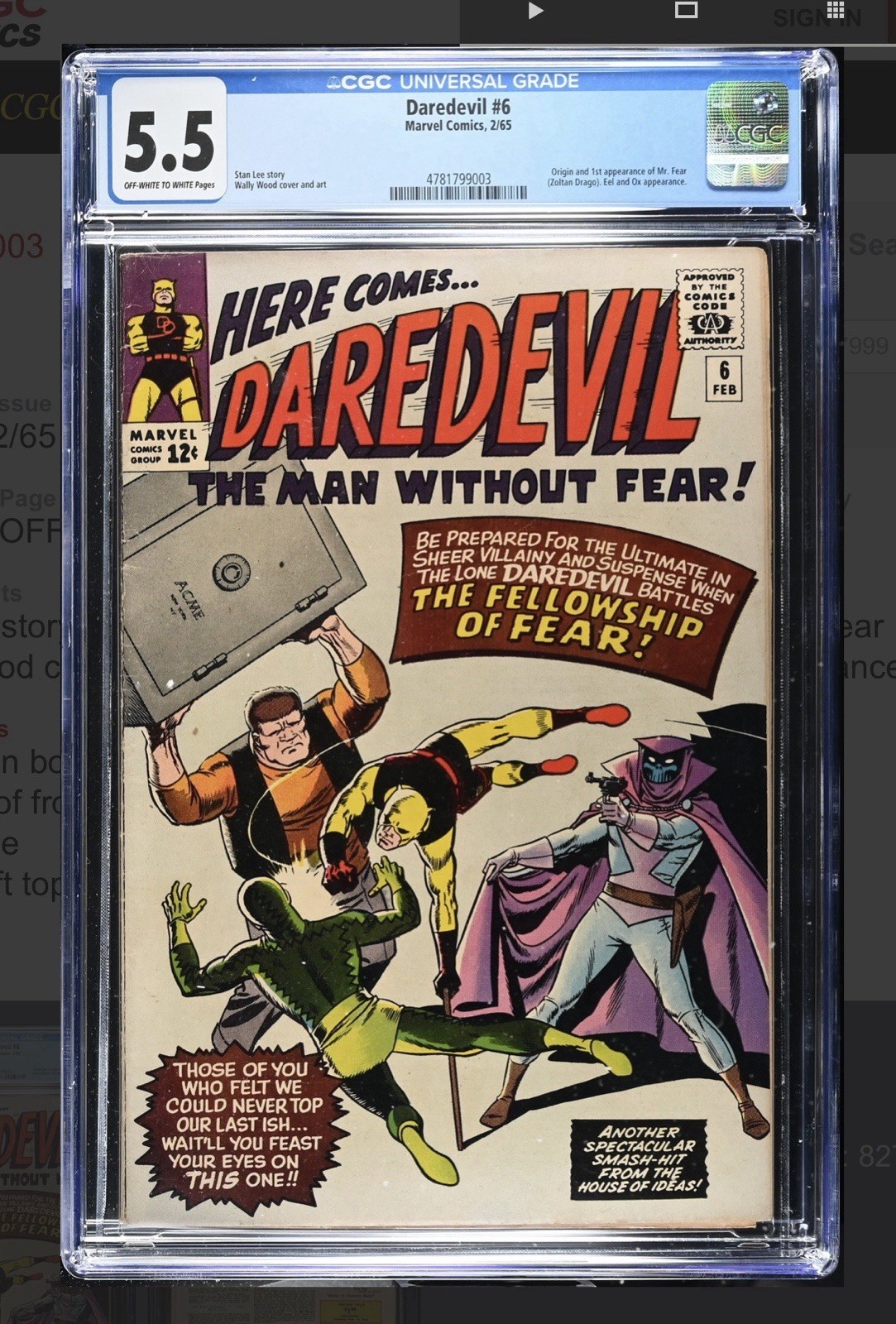 Daredevil # 6 CGC 5.5 Marvel Comics 1965 OWW 1st Appearance Mr. Fear