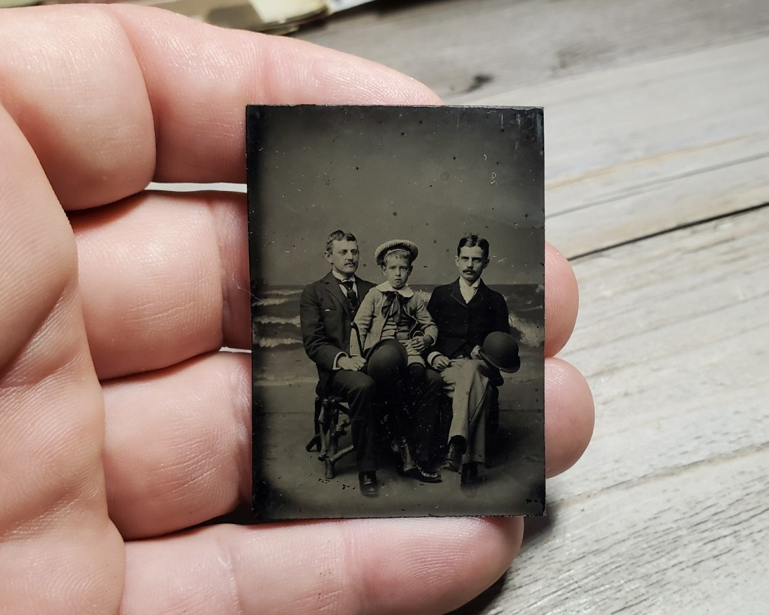 Antique Tintype Photo Beach Ocean Backdrop Men Boy Derby Bowler Hats Seaside