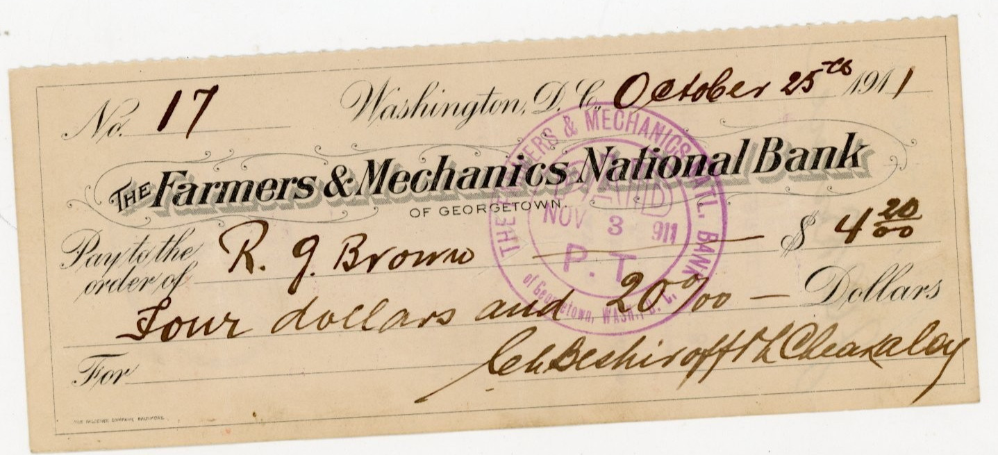 1911 Bank Check Farmers Mechanics Bank Georgetown Washington Signed RG Brown
