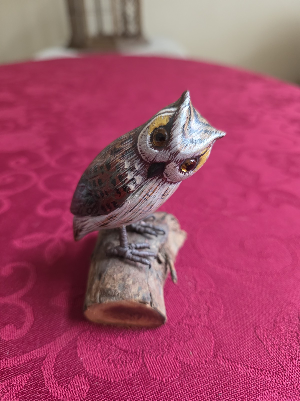 Vtg Hand Carved Wood Owl Figurine Signed Natural Bark Log Base Glass Eyes ~3\