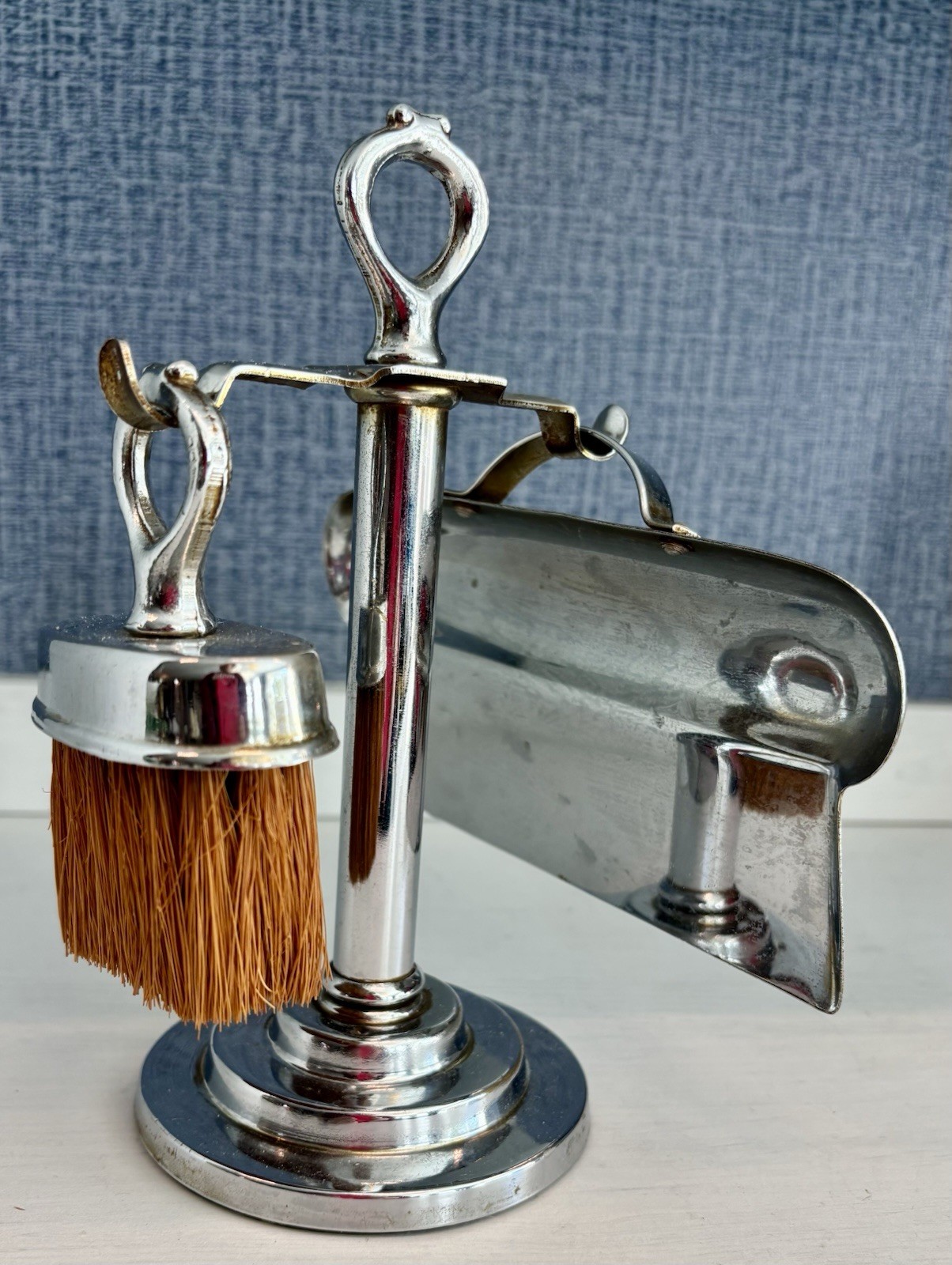 Vintage 1930s Art Deco Chrome Crumb Brush Tray Set Stand Silent Butler England