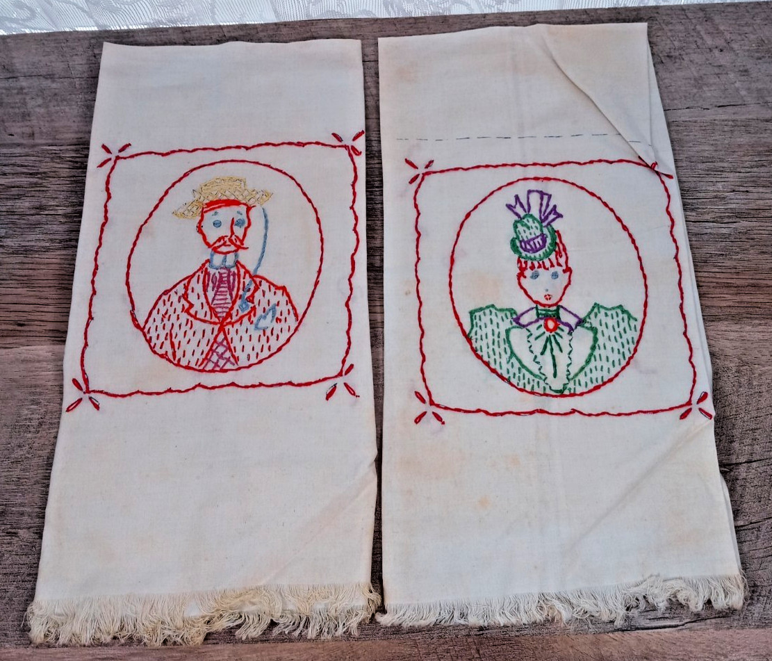Cotton VTG 1950\'s Set Of 2 Hand-Embroidered Man & Women Tea Kitchen Hand Towel