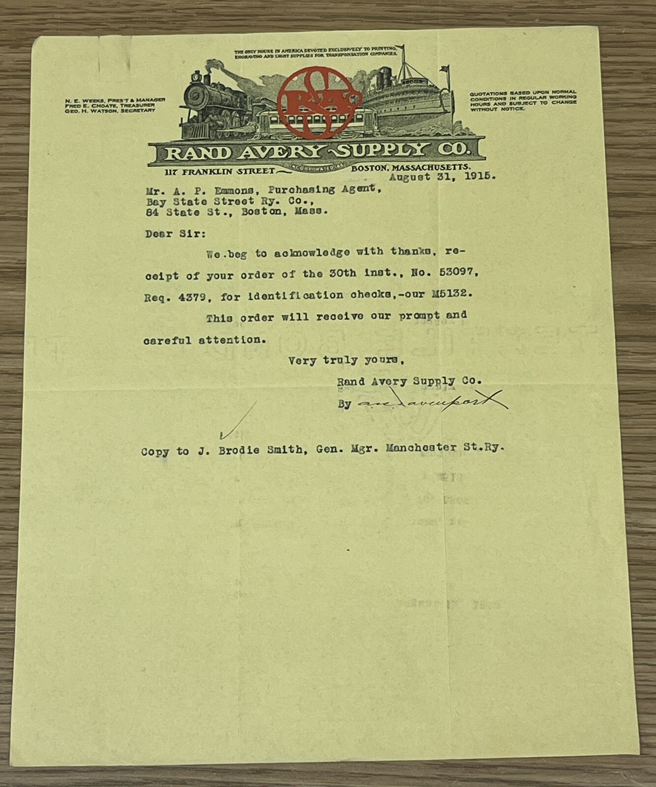 1915 Rand Avery Supply Co Letter Letterhead Boston Massachusetts Railroad Ships