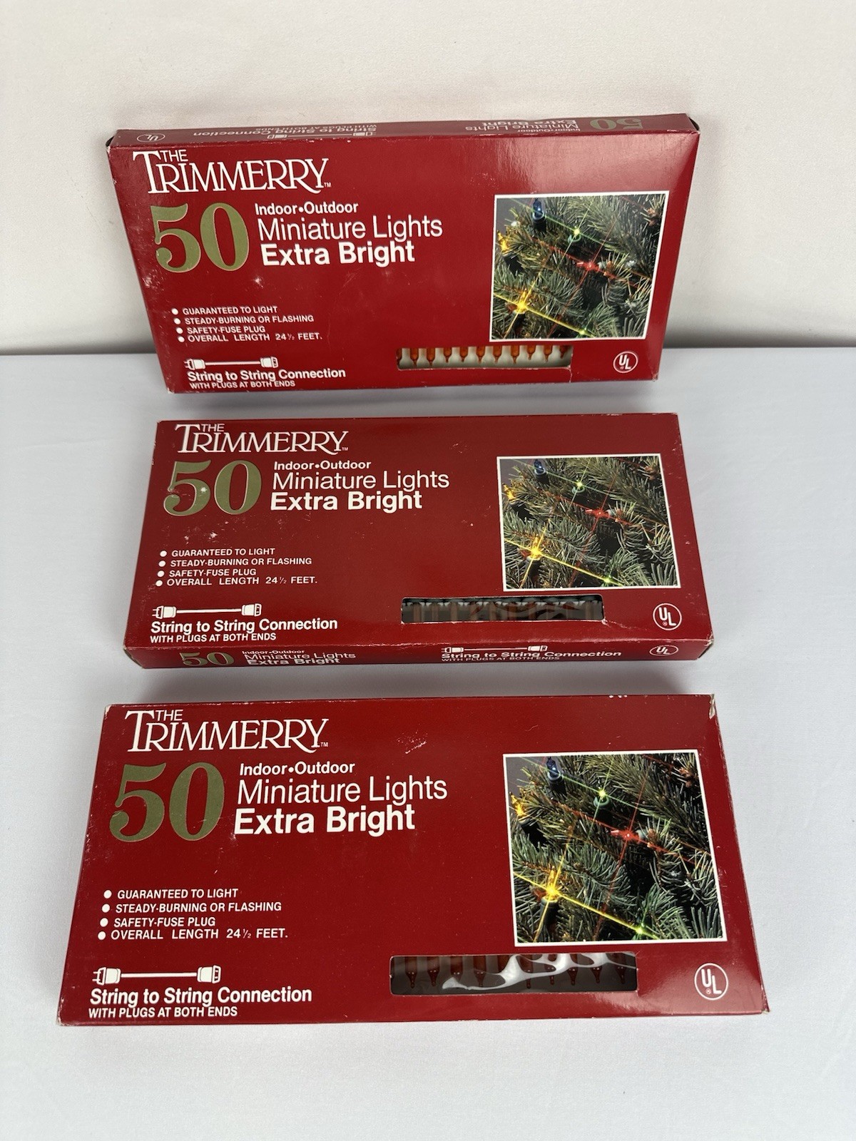 Vintage Trimmerry 50 Miniature Christmas Lights Gold Bulbs Lot of 3 NOS
