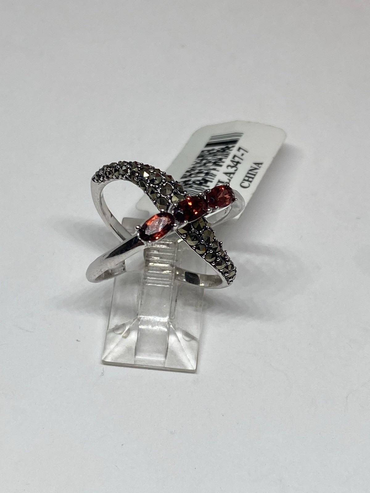 STERLING SILVER GARNET MARCASITE DOUBLE X BAND DESIGNER RING 4g 925 SIZE 7