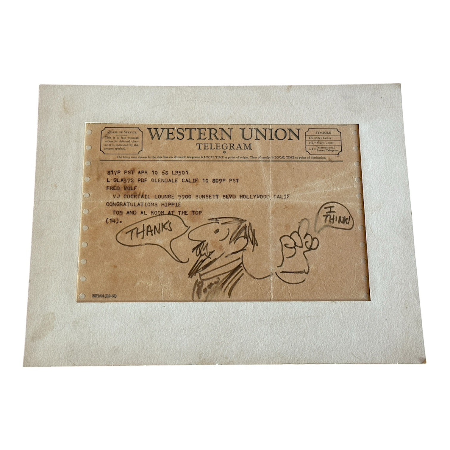 WOW Vintage 1968 VJ Cocktail Lounge 5900 Sunset Blvd HOLLYWOOD Telegram Drawing