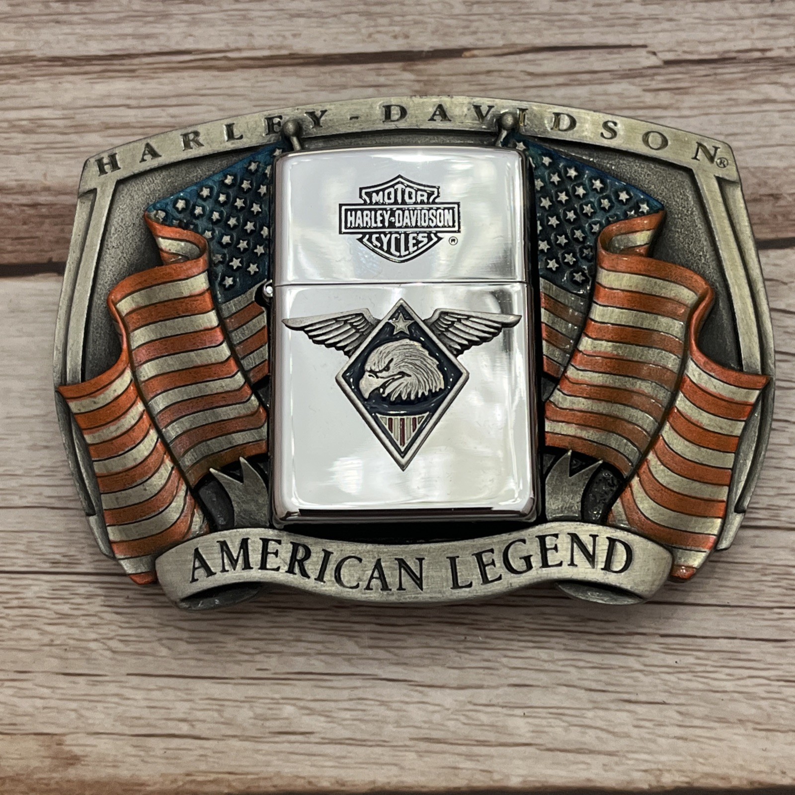 Vtg 1996 Harley Davidson Zippo American Legend Eagle USA Flag Belt Buckle NIB