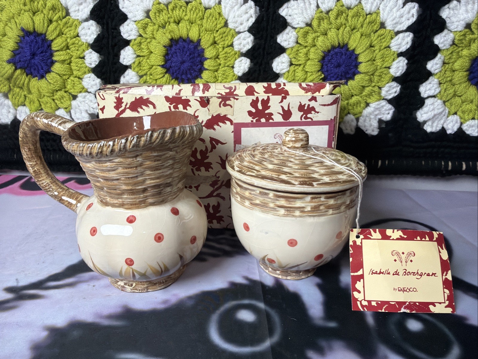 Vintage Enesco Isabelle de Borchgrave Creamer & Lidded Sugar Bowl Basketweave 