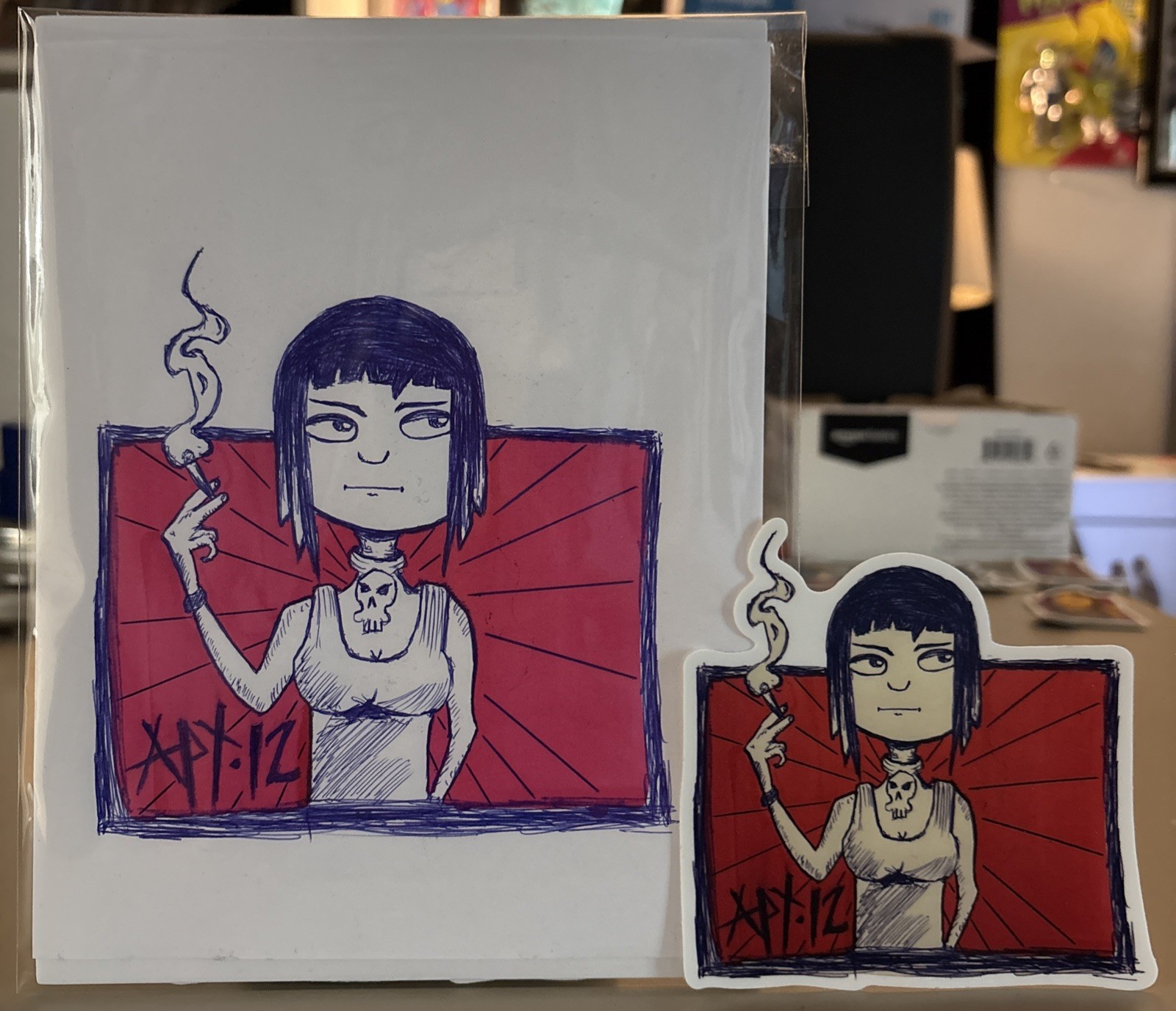 6x8 Original Art W/Ball Point Pen & Sticker - Sam Punk Rock Goth Girl Smoking