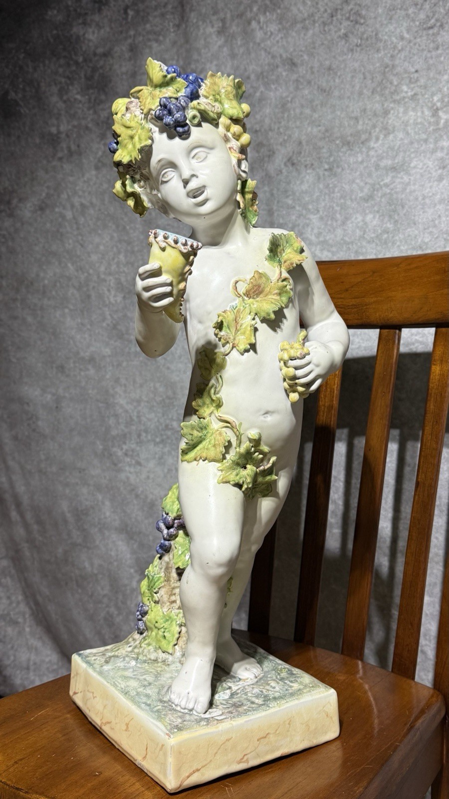 Continental Large Bacchus Boy Sculpture - Glazed Terracotta (1900)