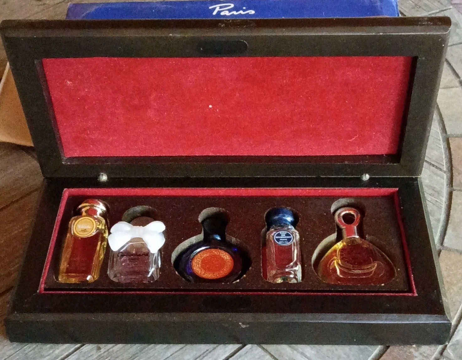Vtg Mini Perfume Set Wood Box Byzance Caleche Cabochard First Givenchy 5pc Full