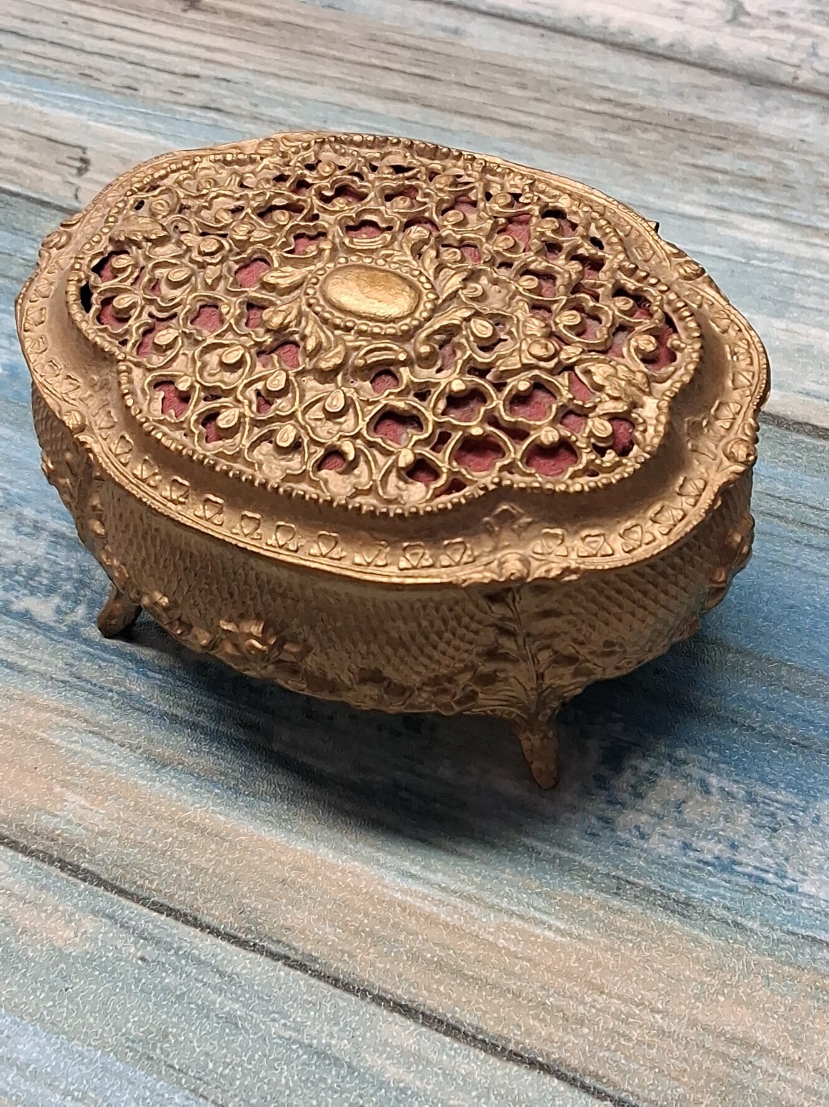 Vintage  Gold Filigree Jewelry Casket Footed Trinket Box Red Velvet Lining