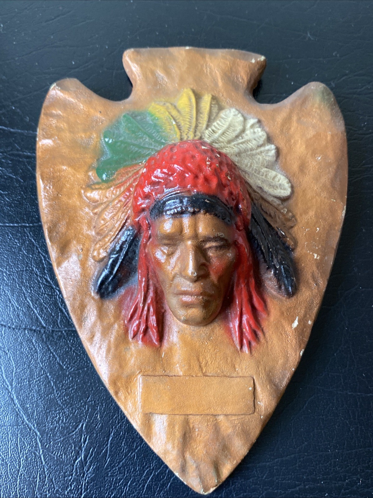 VTG Chalkware Indian Chief Native American Plaque on Arrowhead Souvenir Western