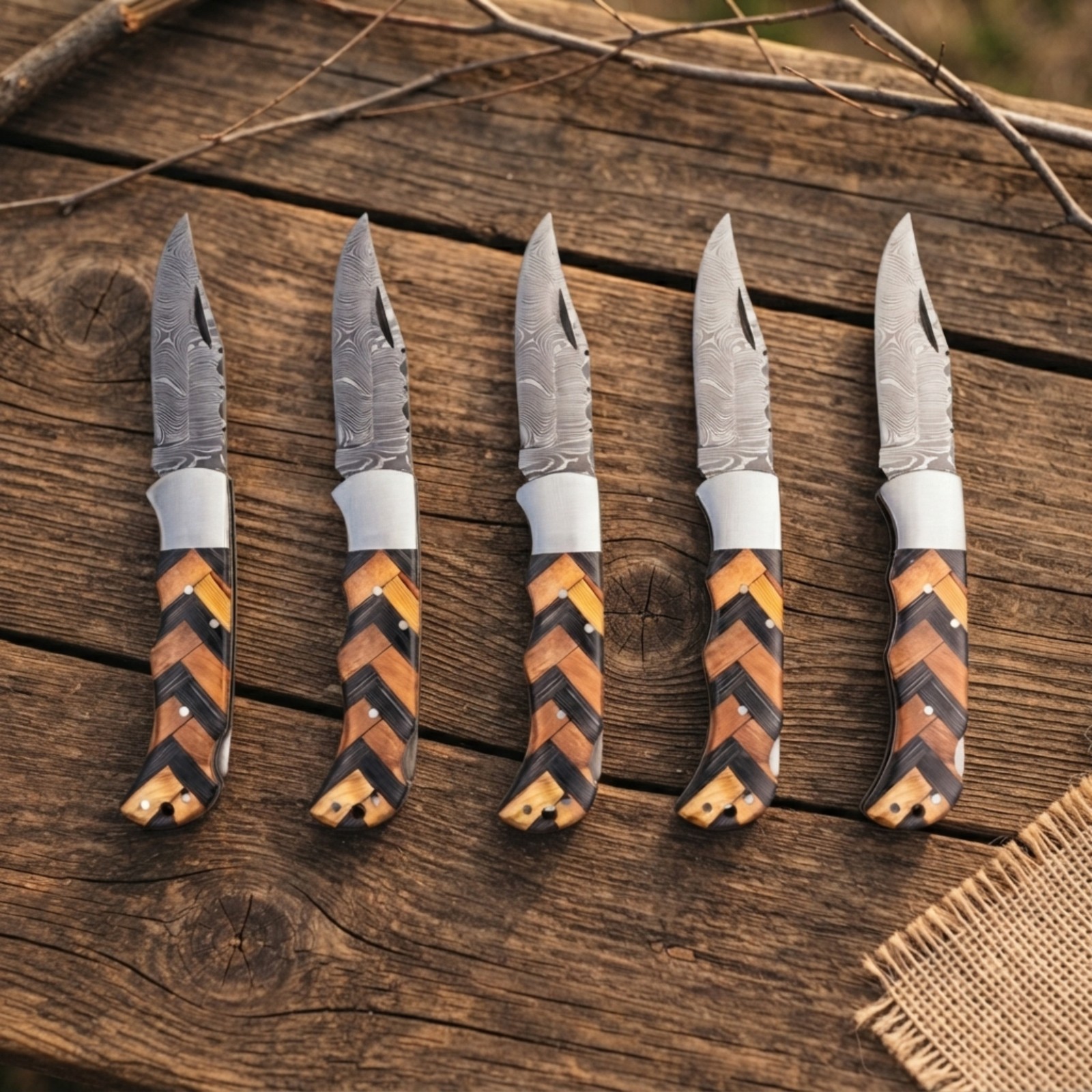 Set of 5 pcs Handmade Custom Folding Pocket Knives, Wood Handle EDC/Outdoor Tool