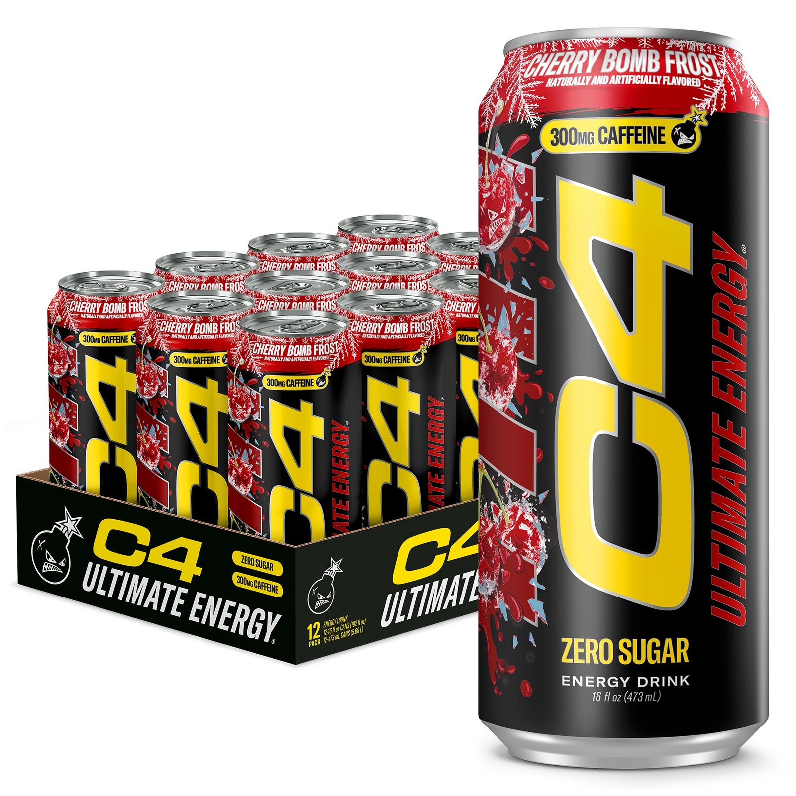 C4 Ultimate Energy Drink with Zero Sugar, Cherry Bomb 16 Fl Oz (Pack of 12)