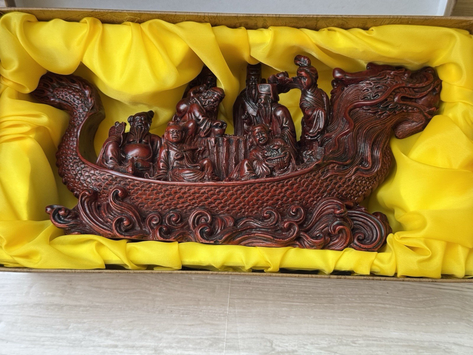 Vintage Chinese Dark Red Resin Statue 8 Immortals On Dragon Boat. With Box