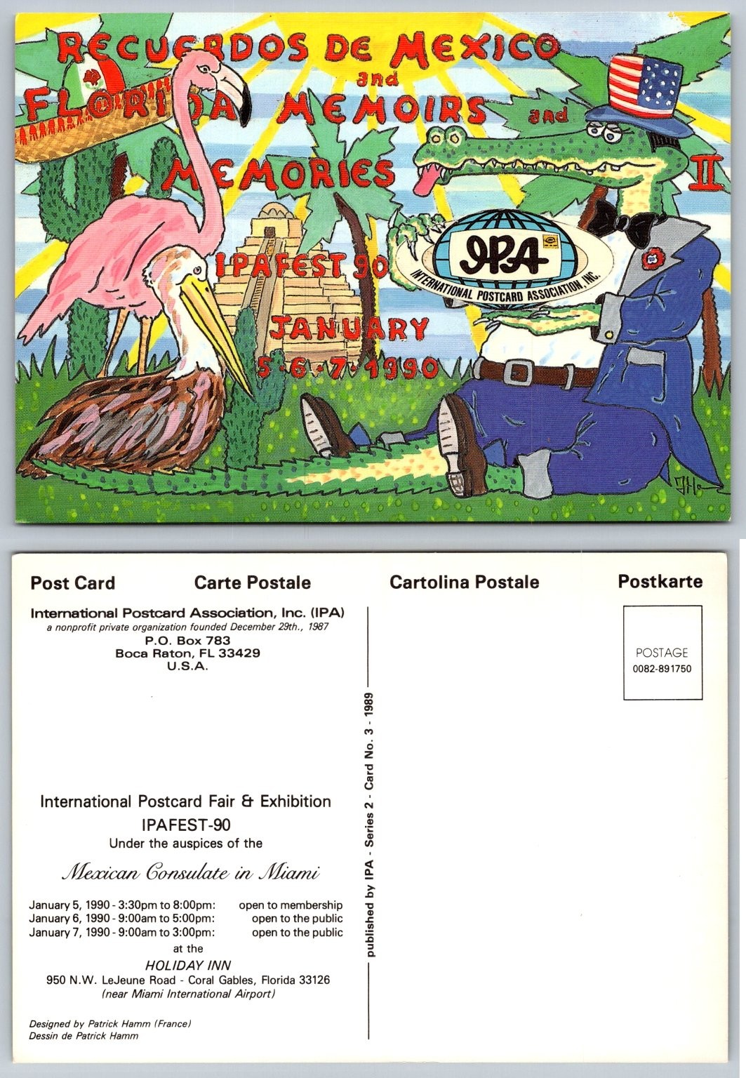 1990 IPAFEST 90 Miami Postcard Show Mexico Florida Cartoon Flamingo Alligator