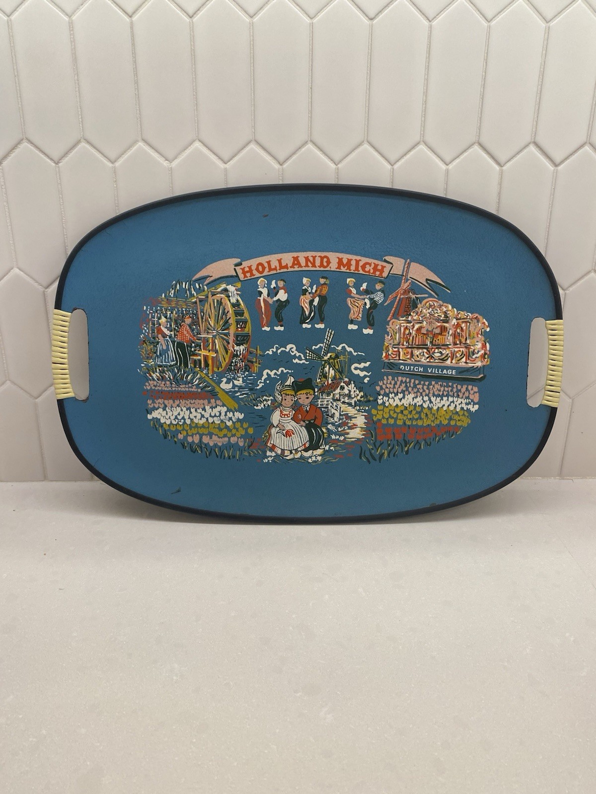 Vtg 60s Holland Michigan Souvenir Pressboard Tray Dutch Village Tulips  Teal EUC