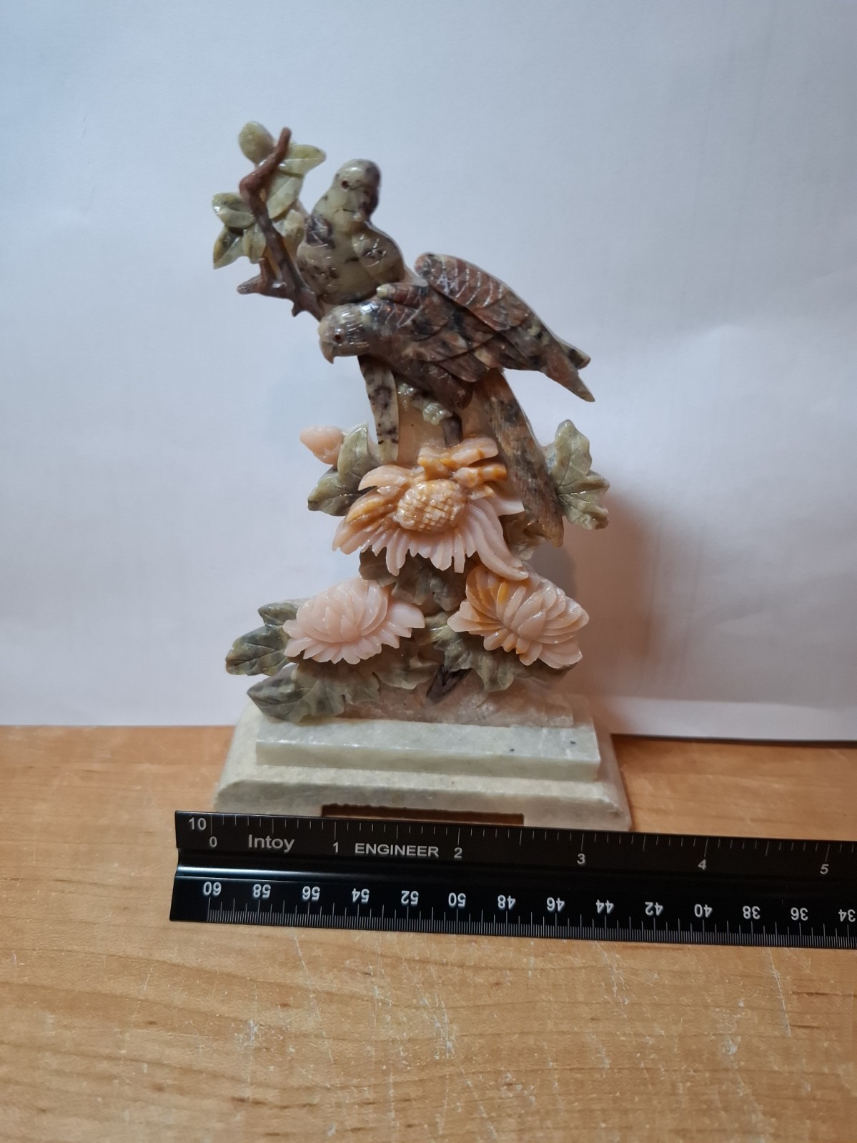 Vintage Chinese 5in Soapstone Carving Statue Birds & Flowers Mid Century Decor  