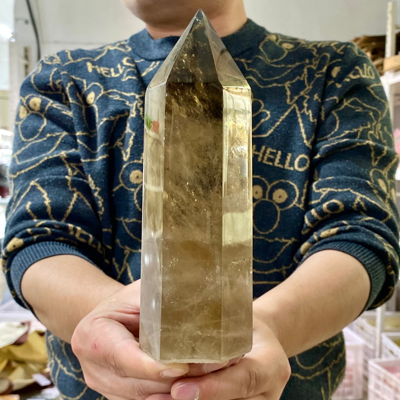 1.85LB Natural yellow crystal obelisk Crystal energy column Reiki healing