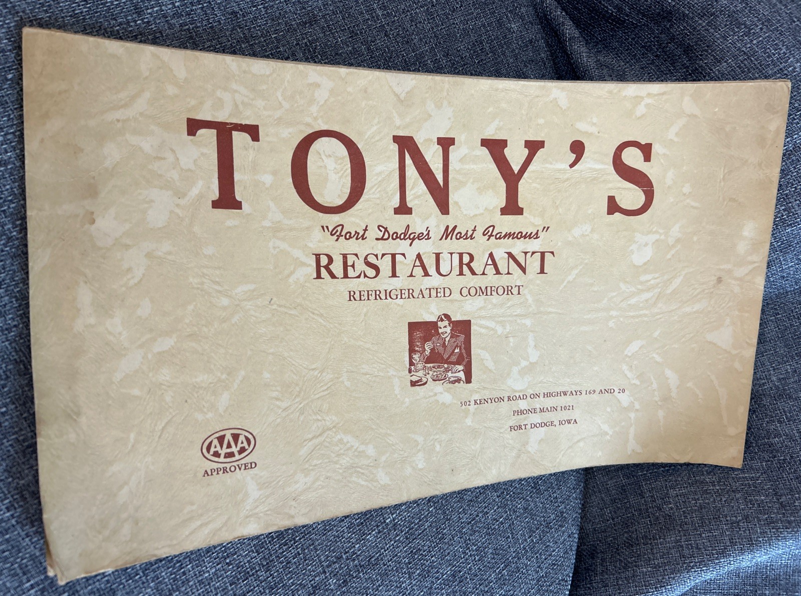 Vintage 1950s Tony’s Menu Restaurant Fort Dodge Iowa FT DODGE IA AAA Approved