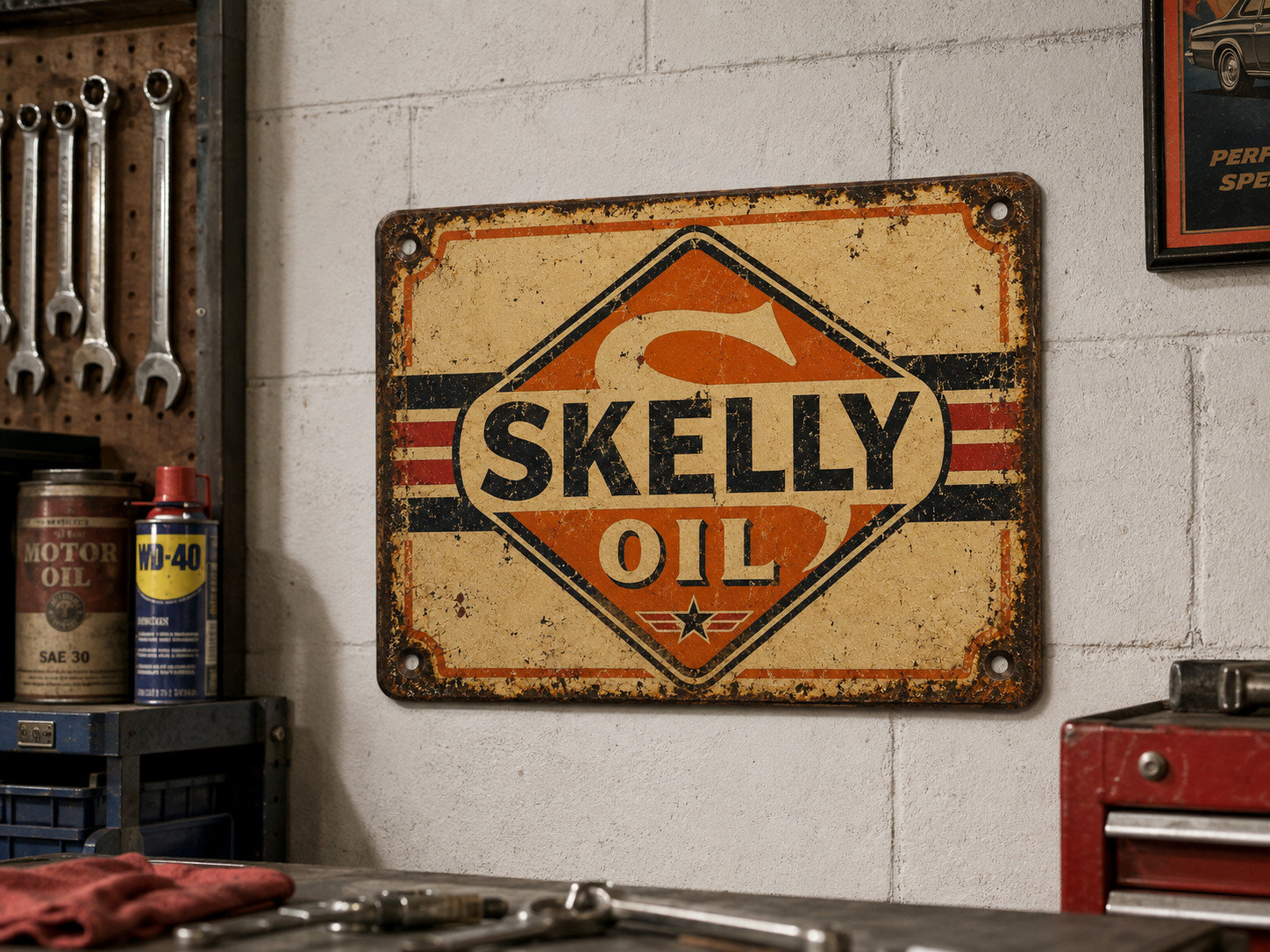 Vintage Look Skelly Oil Gas Sign - 10x14 PVC with Holes for Hanging