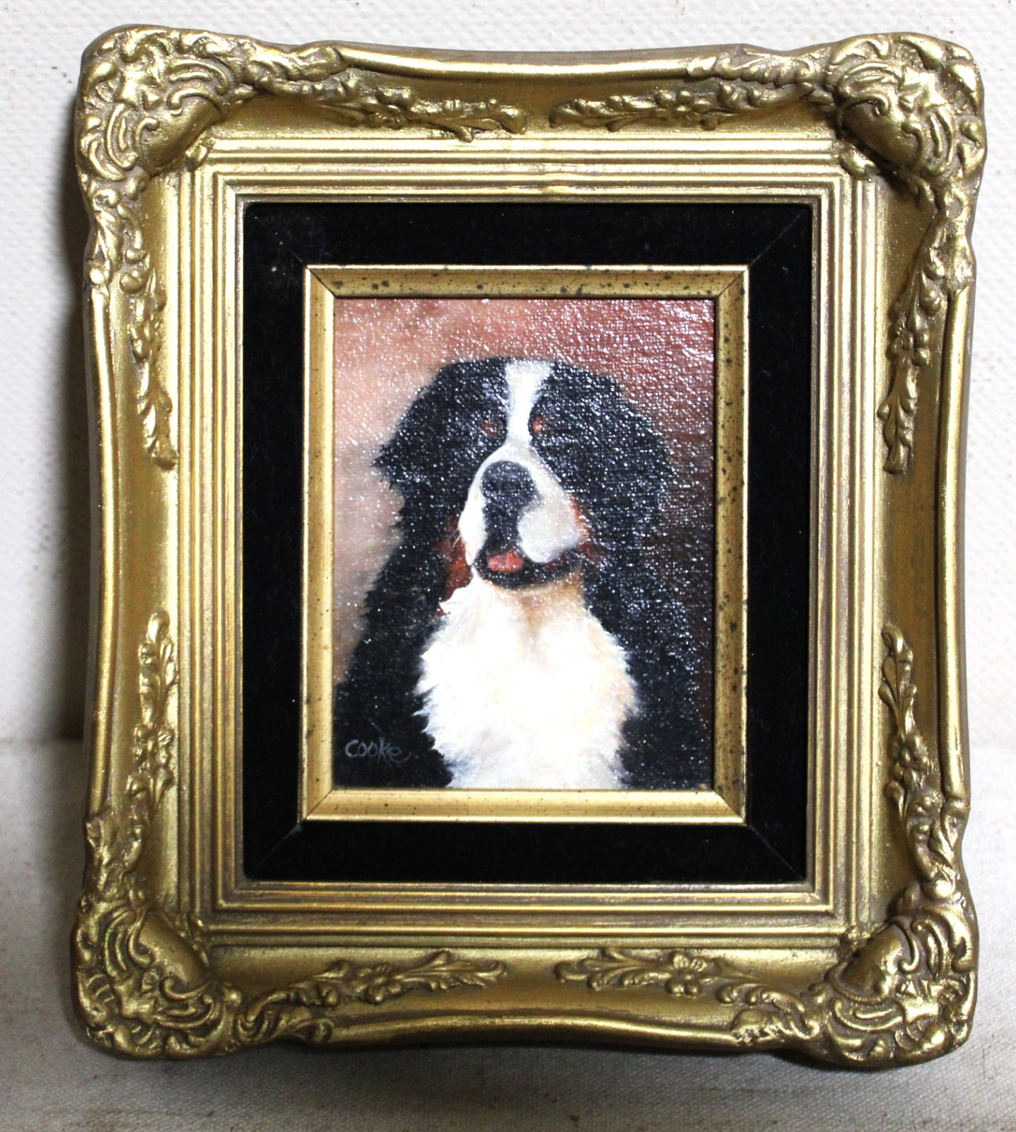 MINI ORIGINAL OIL PAINTING BERNESE MOUNTAIN DOG PORTRAIT FRAMED SIGNED GOLD GILT
