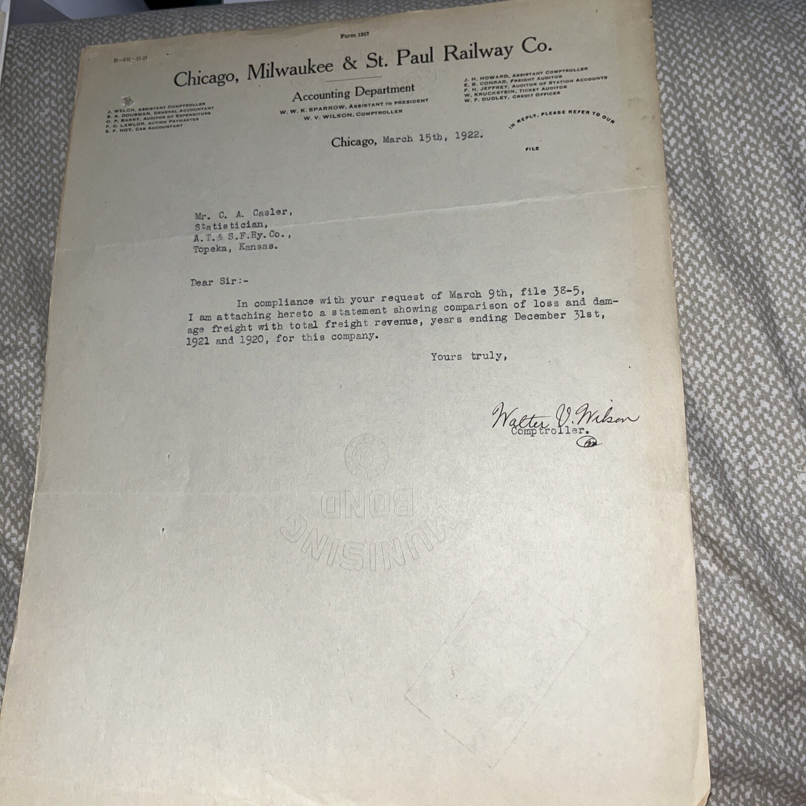Signed Antique 1922 Letter Chicago Milwaukee St. Paul Railway to Topeka Santa Fe