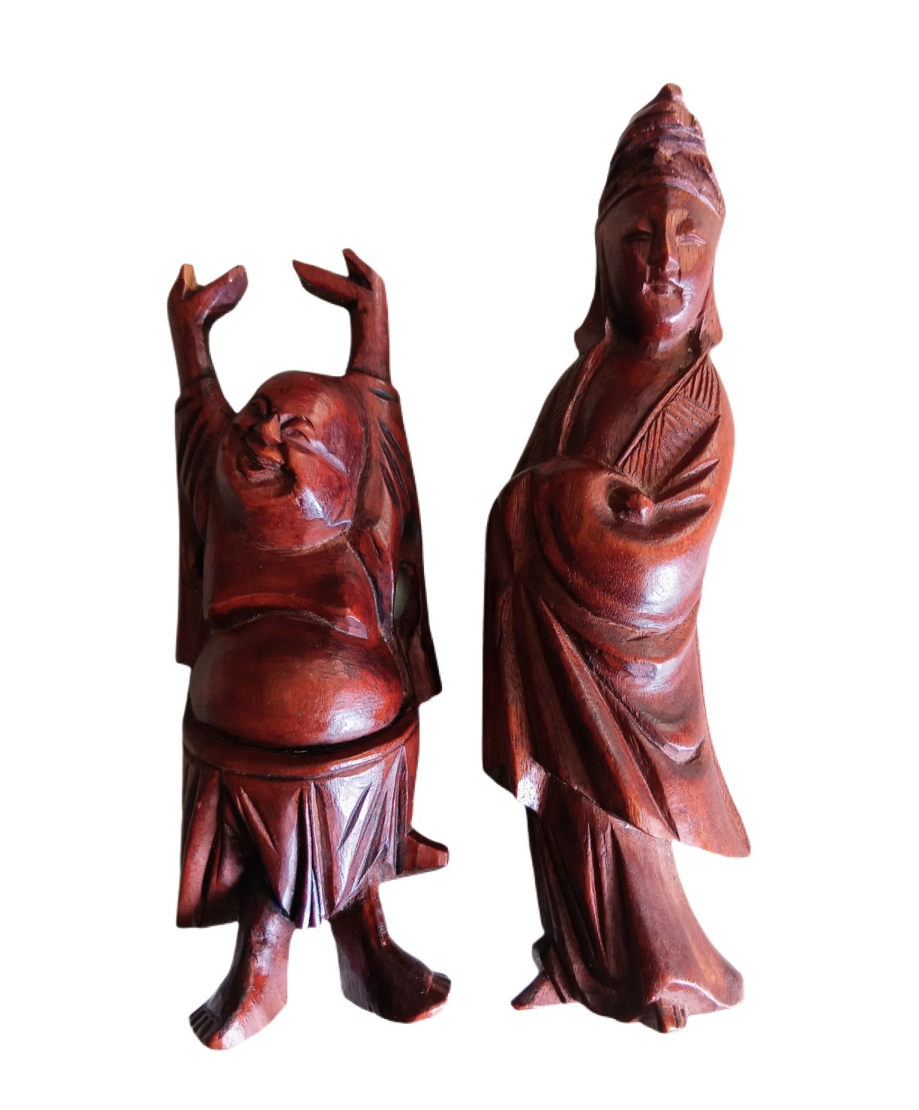 Hand Carved Wooden Buddha & Guanyin Style Figurines Asian Folk Art Pair 4-4.5
