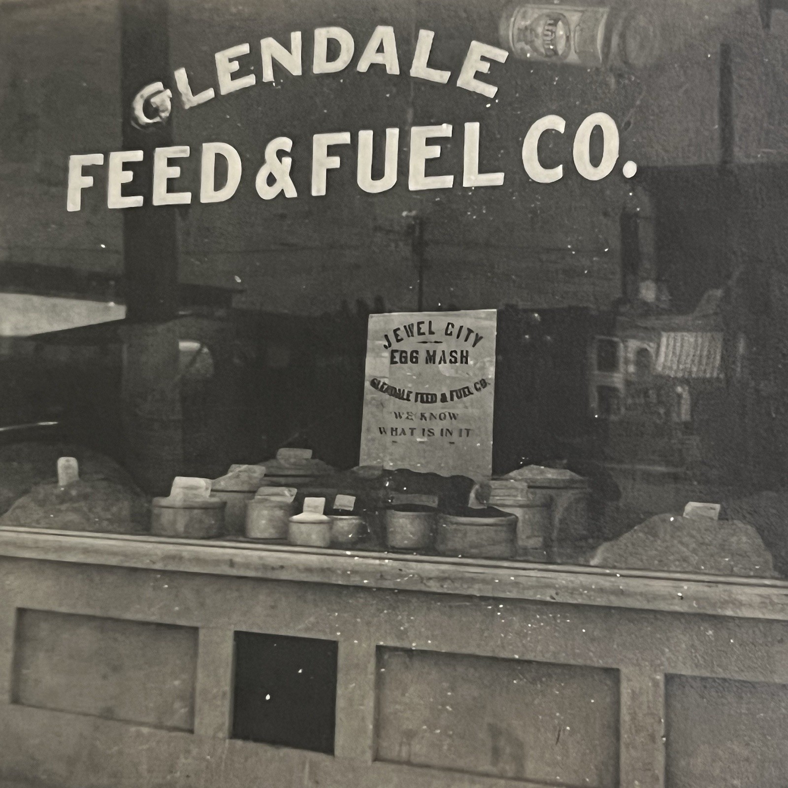 Vintage Snapshot Photograph Store Window Glendale Feed & Fuel CA Jewel City
