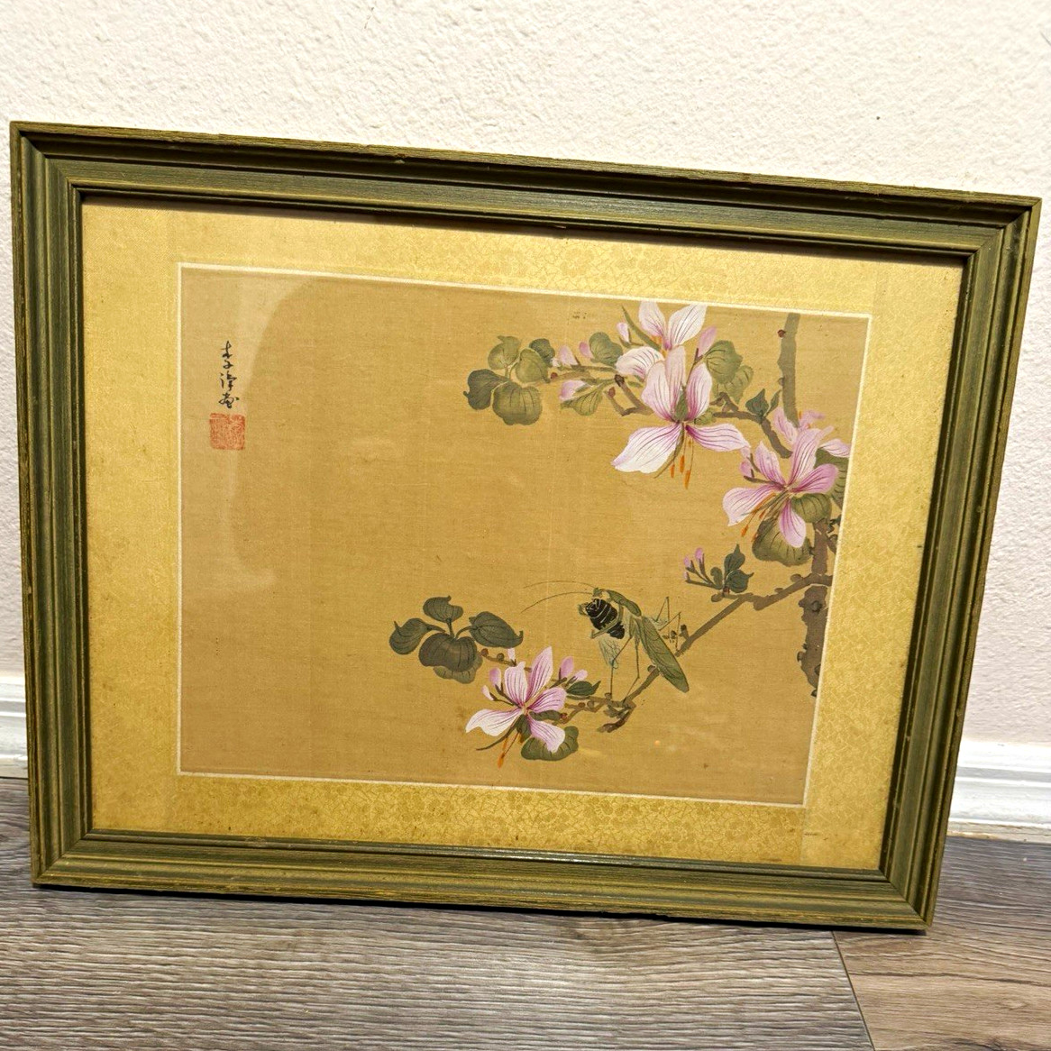 Vintage Chinese Silk Painting Pink Flowers Grasshopper Insect Signed Framed Art