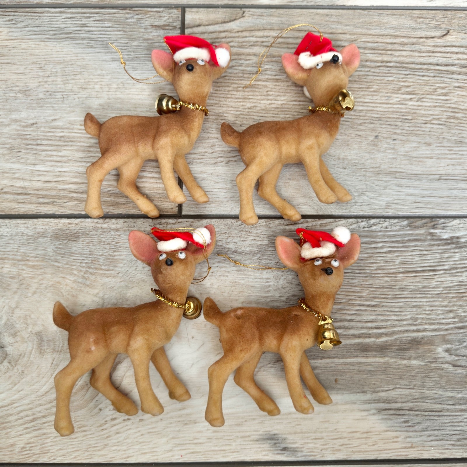 Vintage Flocked Deer Christmas Ornaments Googly Eyes Santa Hat Lot of 4 Read