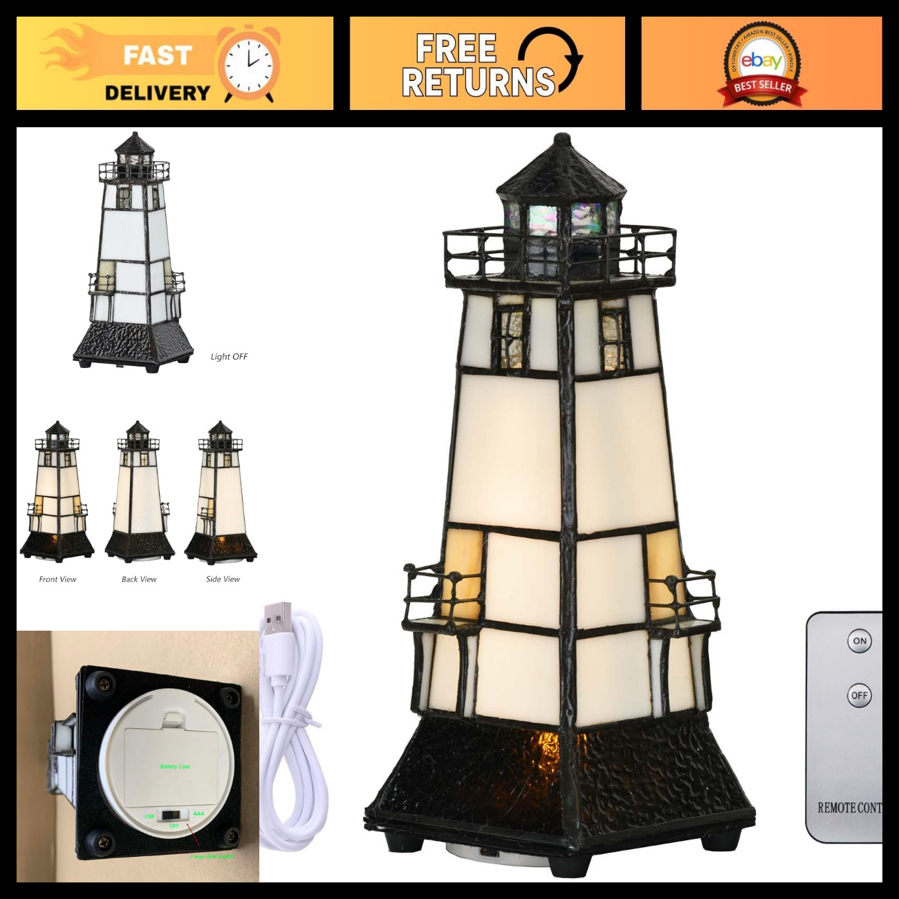 Bieye L10727 Lighthouse Tiffany Style Stained Glass Accent Table Lamp Night Ligh