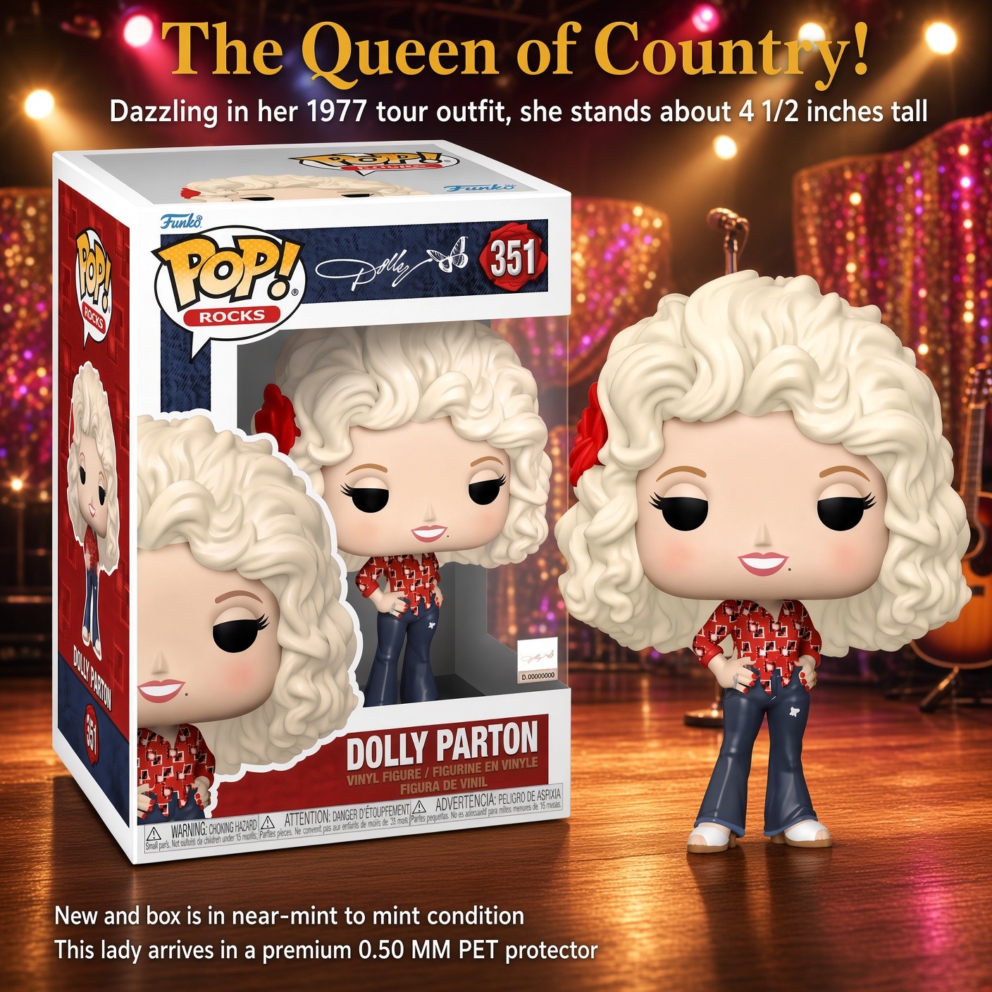 New 2024 Dolly Parton Funko Pop Rocks1977 Tour Figure #351 NM-MT in Protector