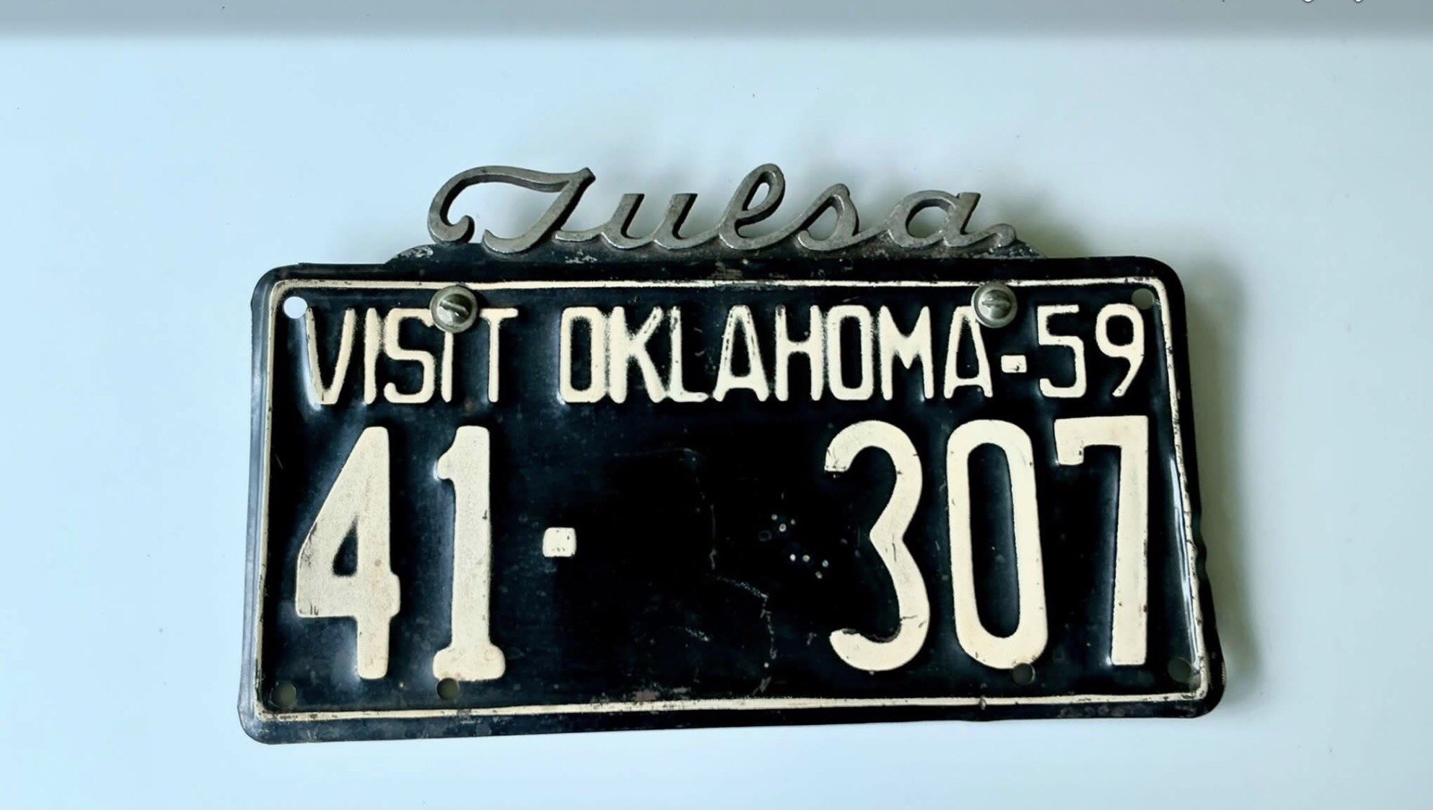 RARE  60s Script TULSA License Plate Tag Topper Oklahoma ……Estate Fresh