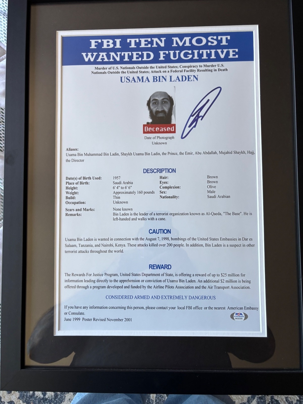 Robert O’Neil Signed PSA Authentic FBI Osama Bin Laden Wanter Poster Framed