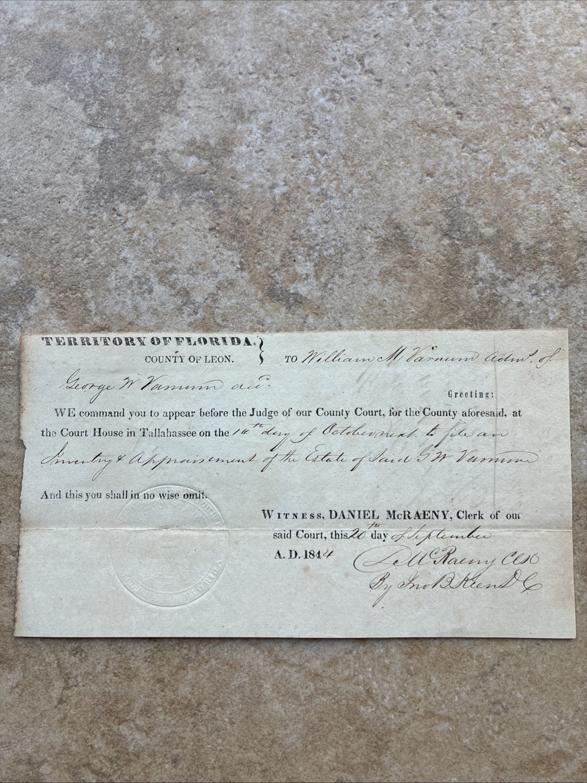 1844 Florida Pre State Document Court Order Rare Stamped -Territory Of Florida.