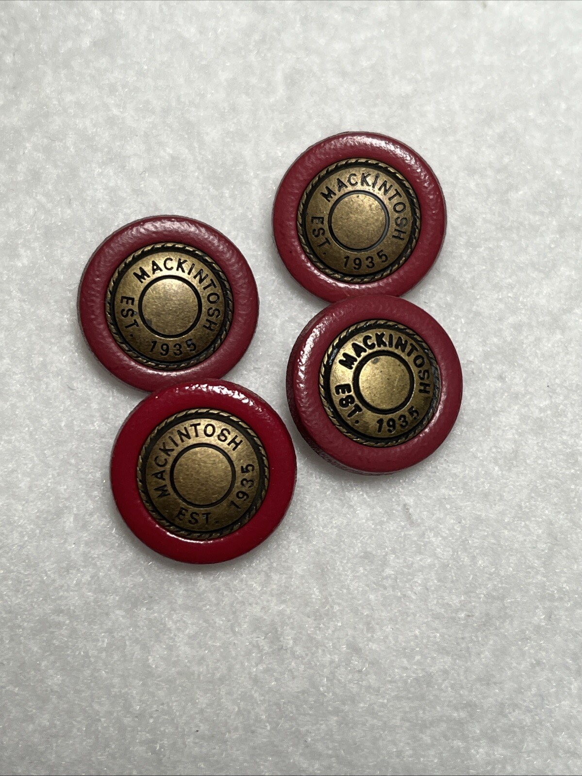 4 Vtg 3/4” Engraved Brass Pink Mauve Mackintosh Buttons 1935, Rare, Collectible