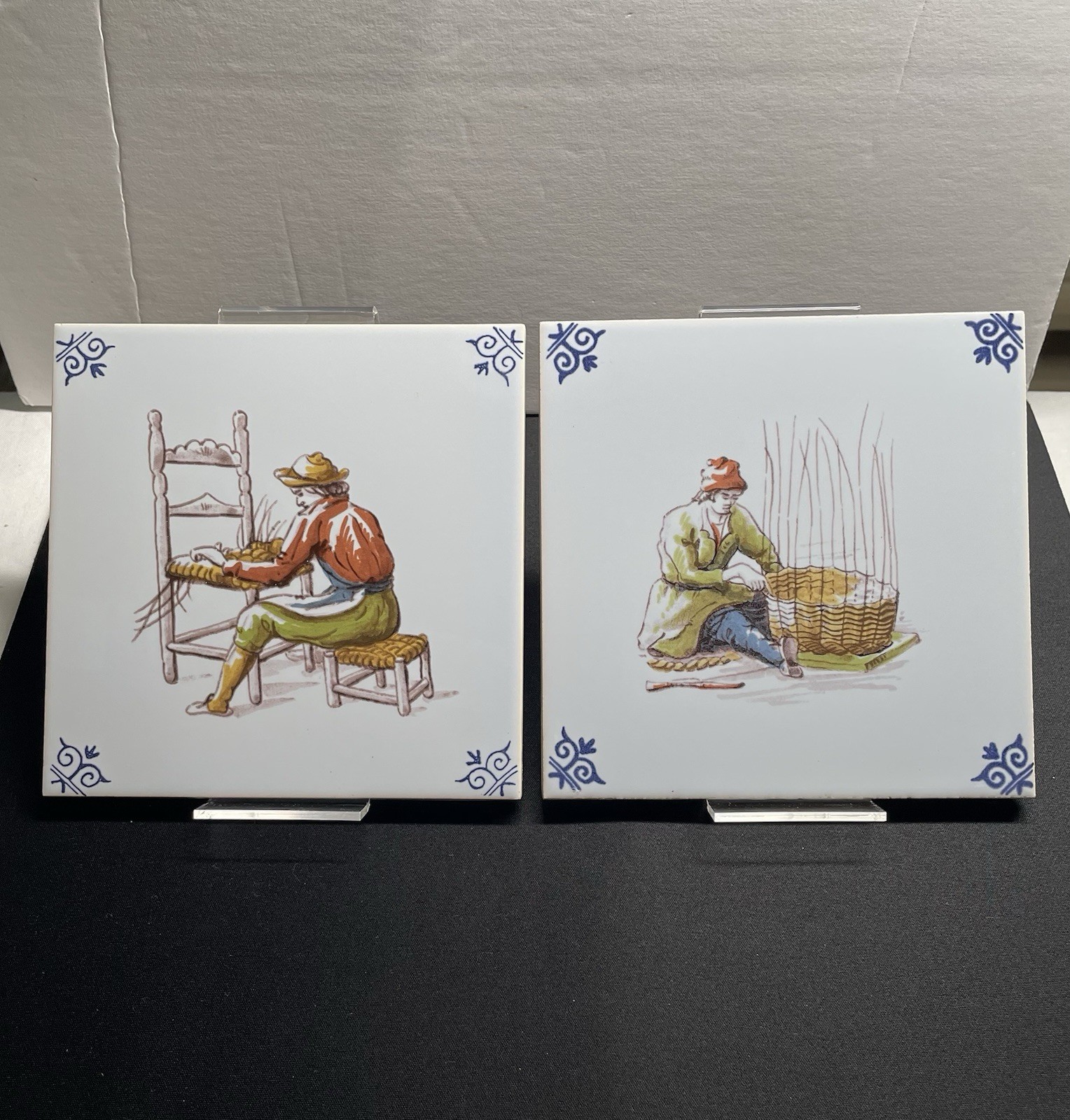 Vintage 1970s Dutch Polychrome Royal Delft 2 Tiles. Seat Weaver & Basket Weaver.
